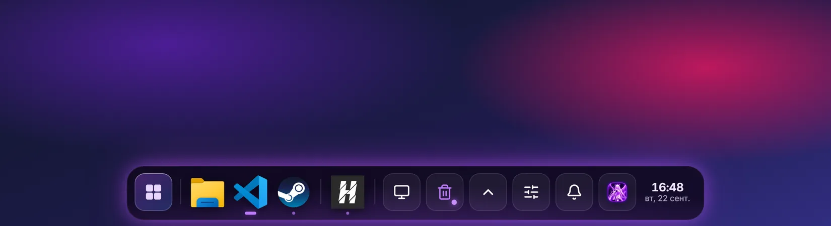 YudUi neon dock with app icons